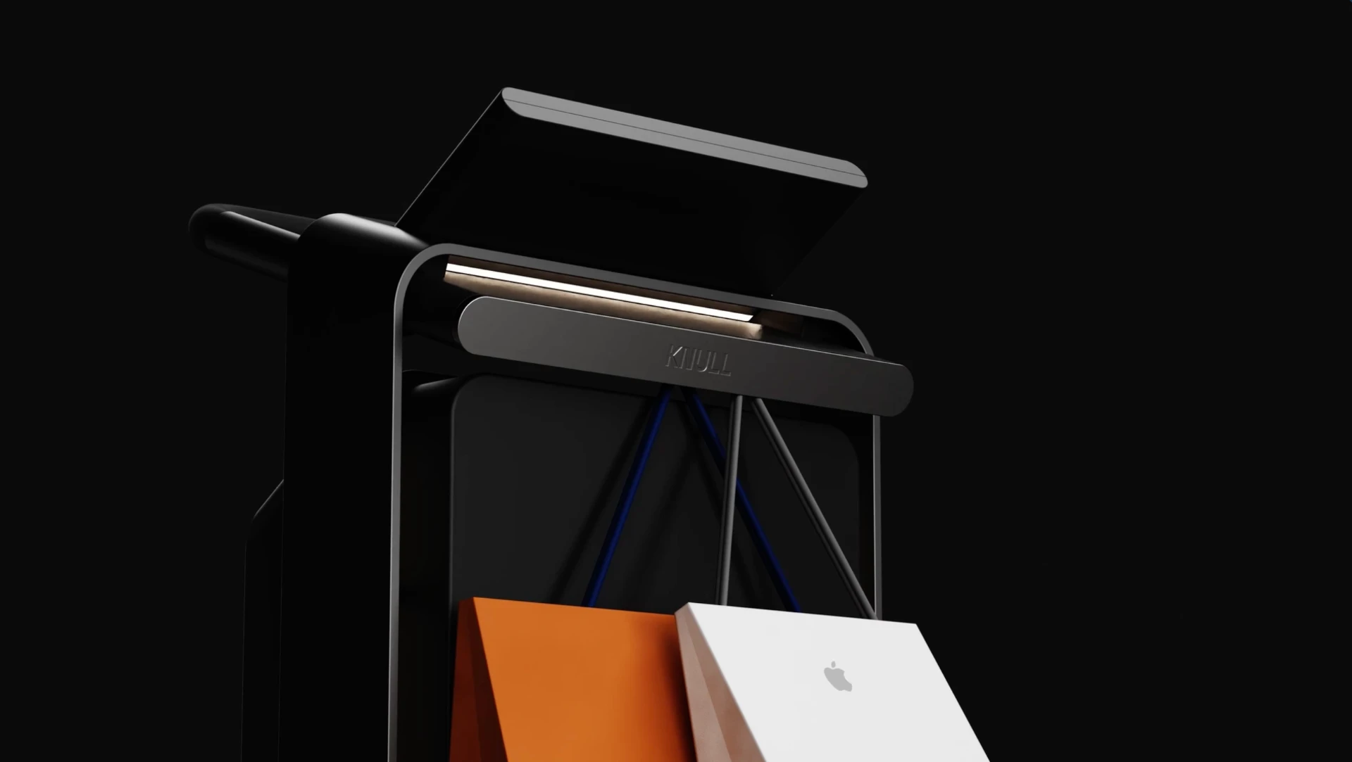 Macro detail of the Knull Trolley handle bar, integrated light strip and embossed wordmark